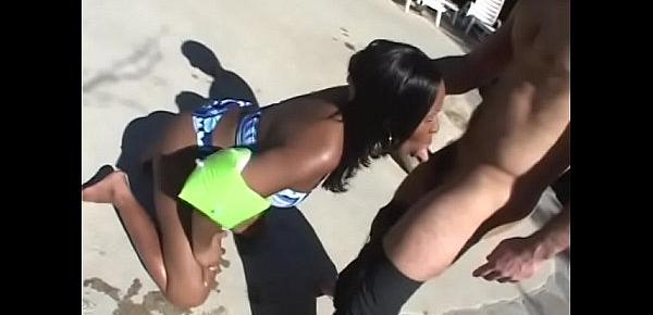  Ebony slut with saggy tits Skyy gets fucked by the pool